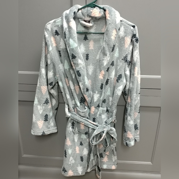 Plush Robe Tree Design Ladies Small w/ Pockets Belt Gray Black Pink Green White - Picture 2 of 16